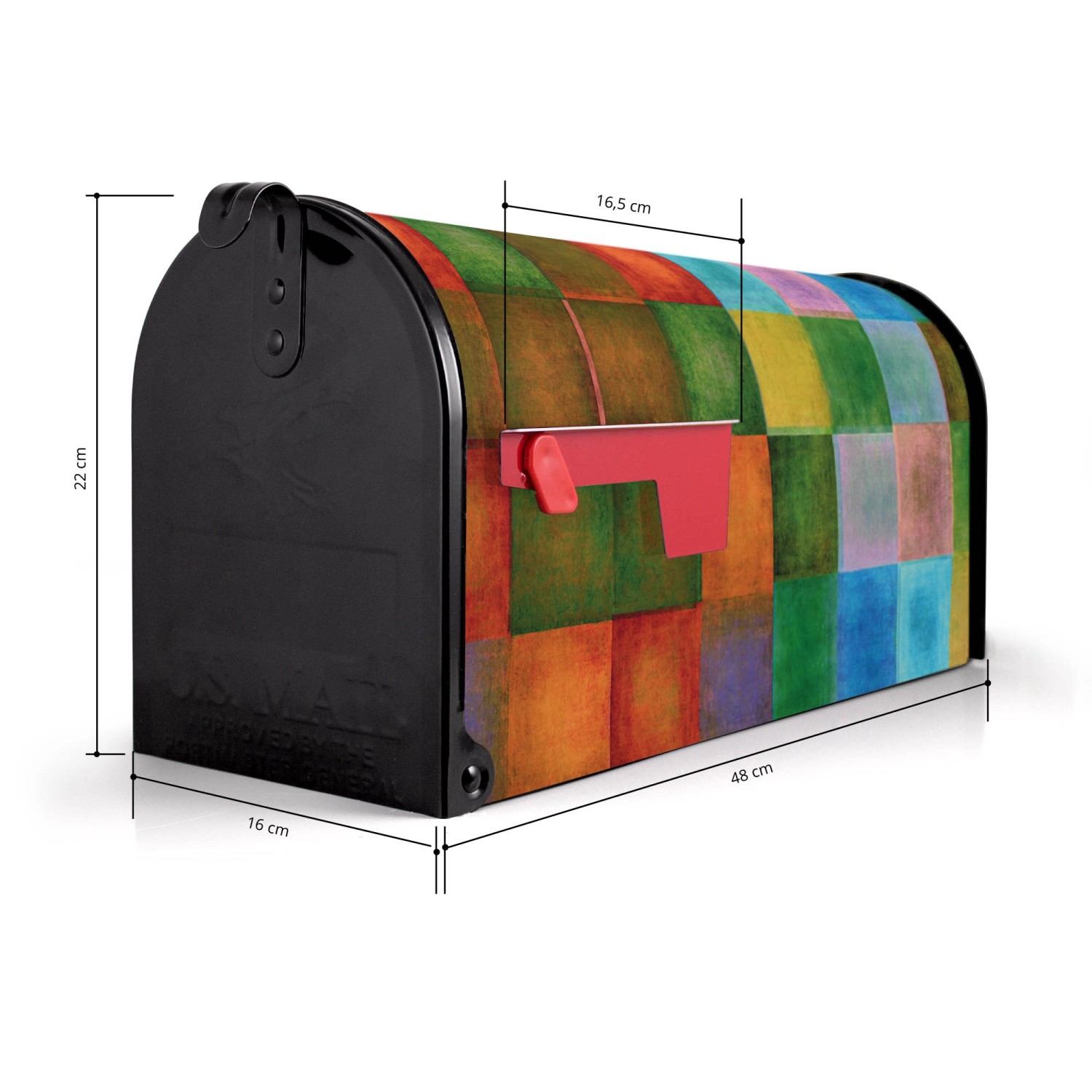 Banjado US Briefkasten Schwarz mit Farbkasten Motiv, 48x22x16cm, Stahl, pulverbeschichtet.