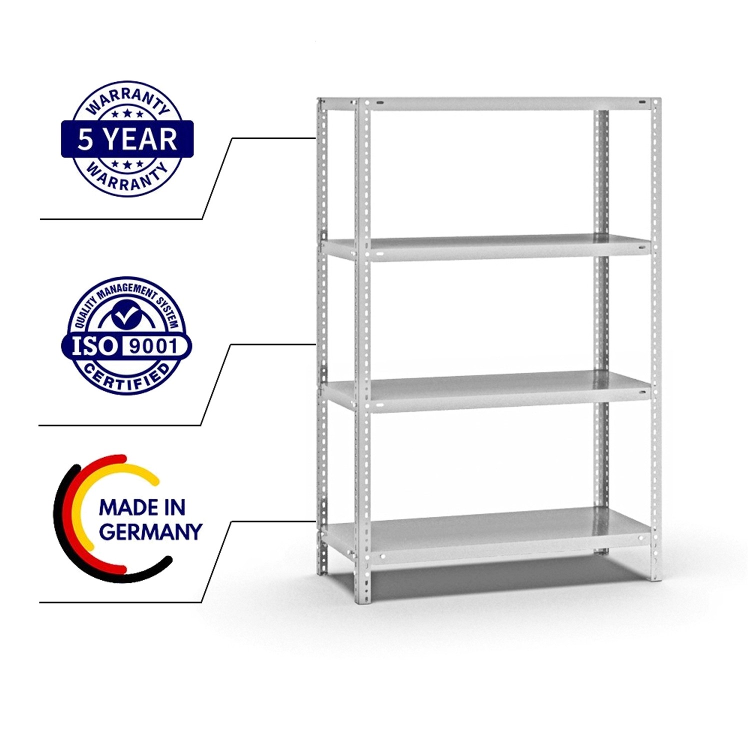 Lichtgraues PROREGAL Fachbodenregal mit 4 Ebenen, beidseitig nutzbar, ideal für Lager & Werkstatt.