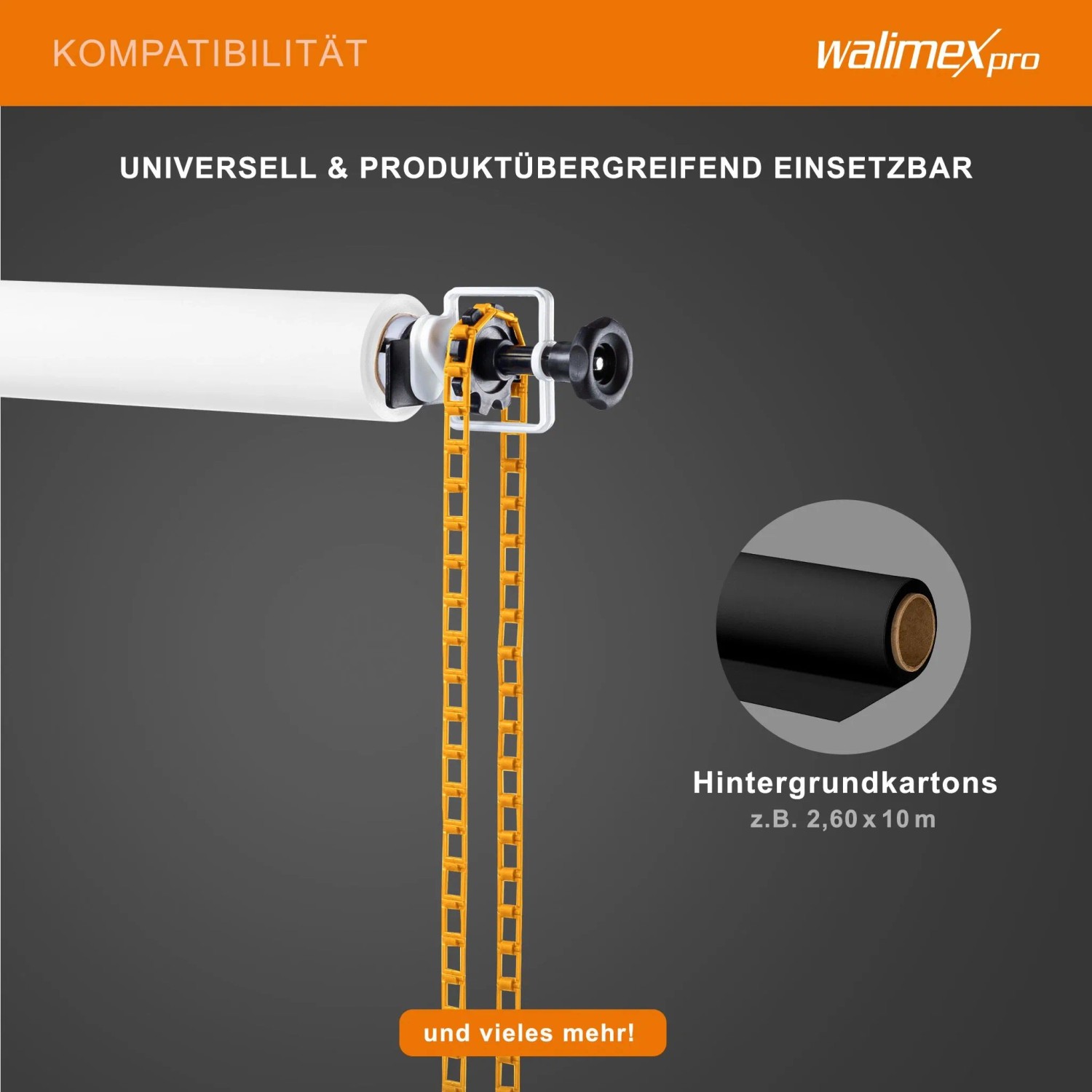 Walimex Hintergrundsystem mit orangefarbener Kette und Expan. Zeigt universelle Kompatibilität für Papierhintergründe.