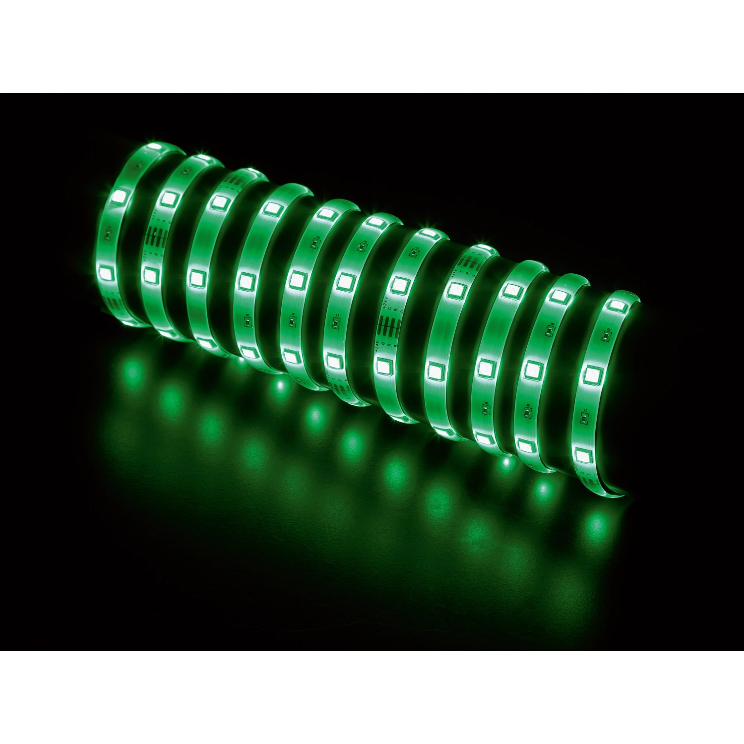 Aufgerolltes, grünes LED-Flexband RGB 5 m mit Fernbedienung.