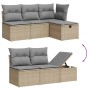 7-tlg. Garten-Sofagarnitur aus Rattan in Beige mit hellgrauen Kissen und Stauraum.