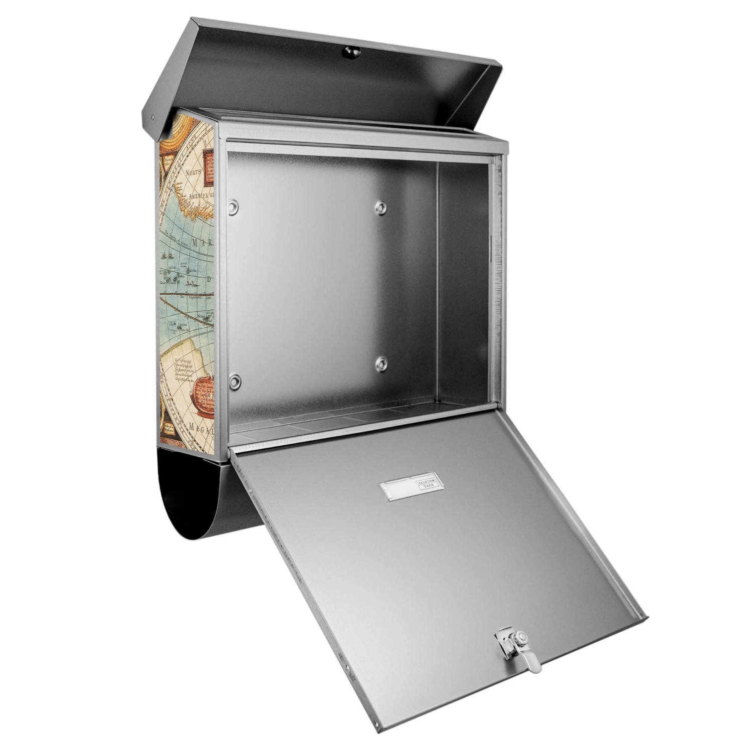 Offener Banjado Edelstahl Briefkasten mit Zeitungsfach und historischer Weltkarte als Motiv.