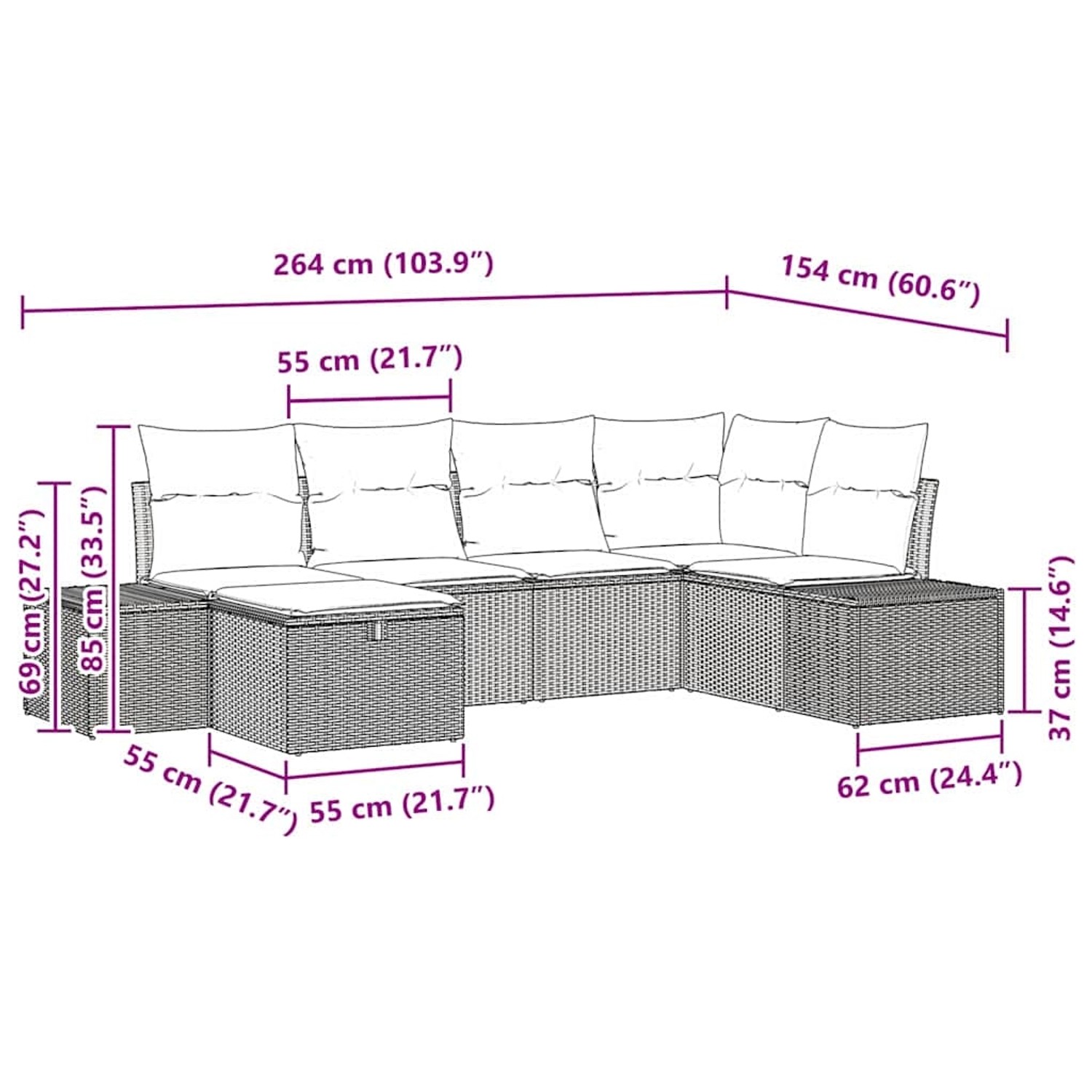 vidaXL Garten-Sofa-Set, 6-teilig, beige Poly Rattan, mit Maßen. Ideal für Balkon und Garten.
