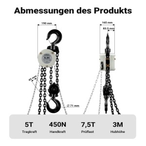 Abmessungen Wiltec Handkettenzug 5t: Details zu Haken, Ketten und Gehäuse des Flaschenzugs.