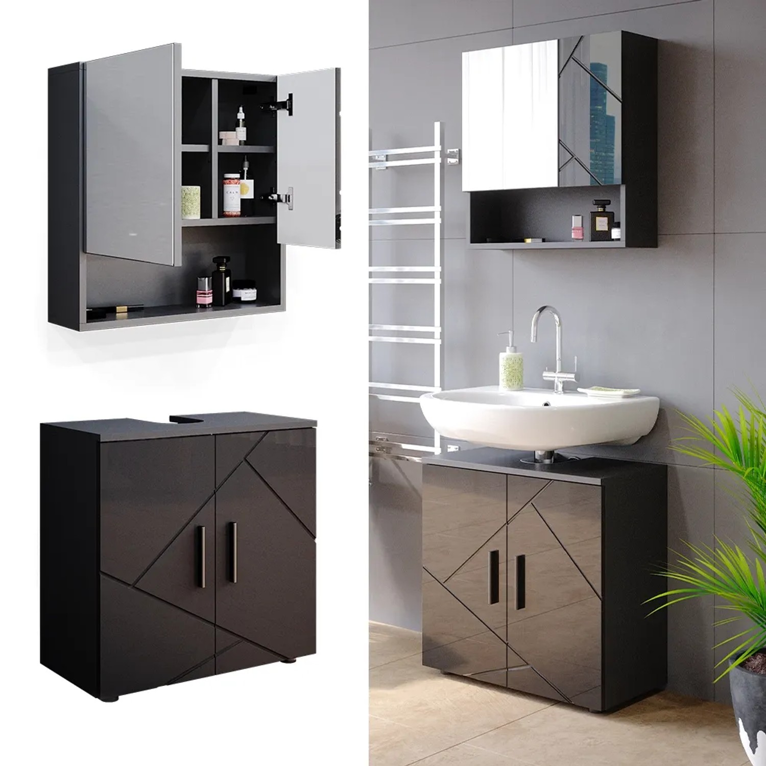 Vicco Badmöbel Set Irma, anthrazit hochglanz, 2-teilig mit Unterschrank (60cm) und Spiegelschrank.