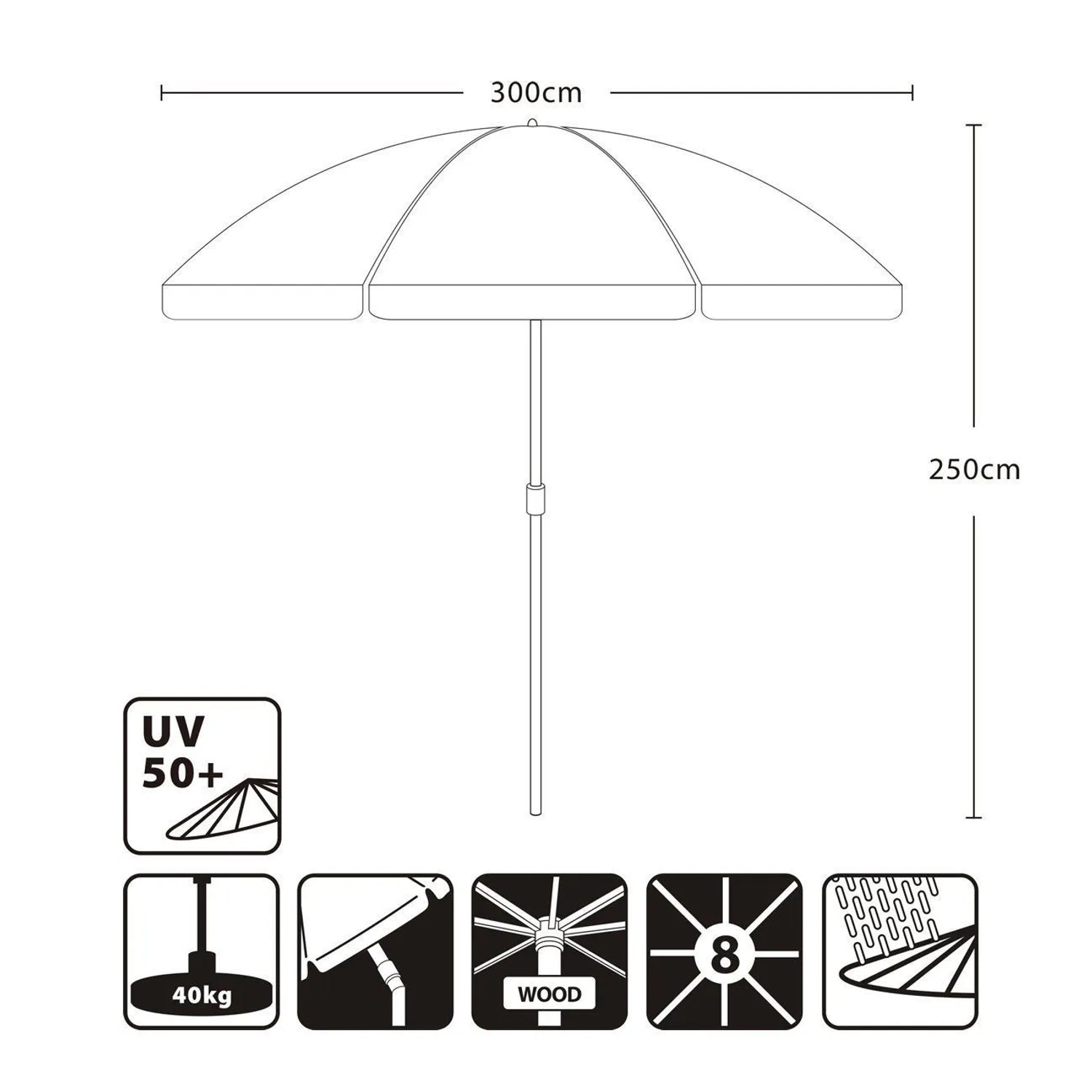 Skizze eines runden Sekey Holz Sonnenschirms, 300cm Durchmesser, mit UV 50+ Schutz.