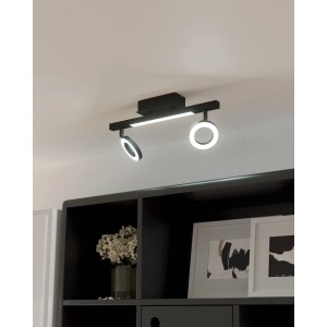 Schwarzer Eglo LED-Spot Cardillio, 2-flammig, mit ringförmigen, schwenkbaren Strahlern.