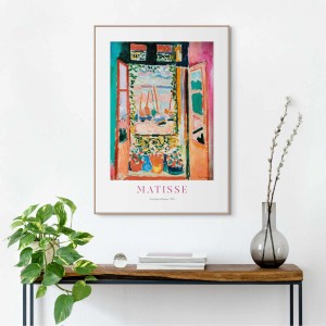 Gerahmtes Bild „Matisse Window“ (70x50 cm) für Wohnzimmer, mehrfarbiges Gemälde mit Fenster zum Meer.