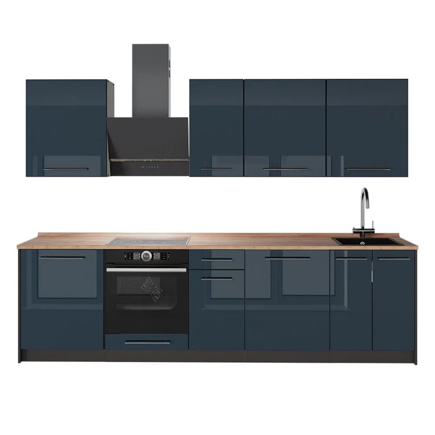 Vicco Küchenzeile Fame-Line Dunkelblau Hochglanz/Anthrazit 280 x 82 AP Eiche Art Nr 64170