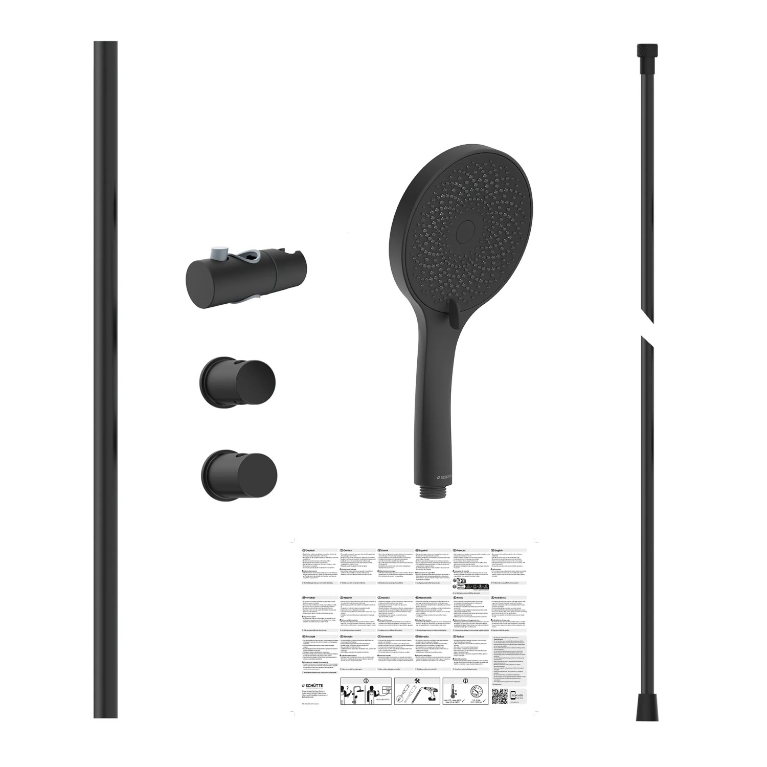 Schütte Stangenbrause-Set Raven, Schwarz Matt: Brausestange, Handbrause, Halterung und Montagezubehör.