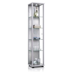 Silberne Glasvitrine mit LED-Beleuchtung und 4 Glasböden, ideal für Sammlerstücke.