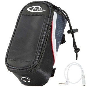 Tectake Fahrradtasche zur Rahmenbefestigung, schwarz-grau-rot, mit wasserabweisendem Fach fürs Handy.