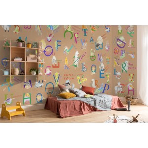 Komar Vlies Fototapete Animals A-Z, 500x250 cm, mit bunten Tier-Illustrationen und Buchstaben im Kinderzimmer.