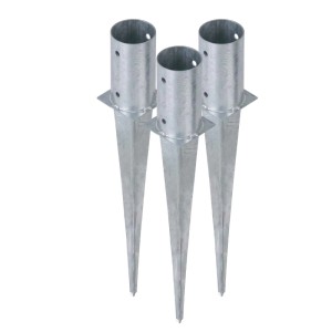 Drei silberne, verzinkte HOLLMAX Einschlaghülsen für 81mm Rundpfosten. Robust für Garten & Zaunbau.