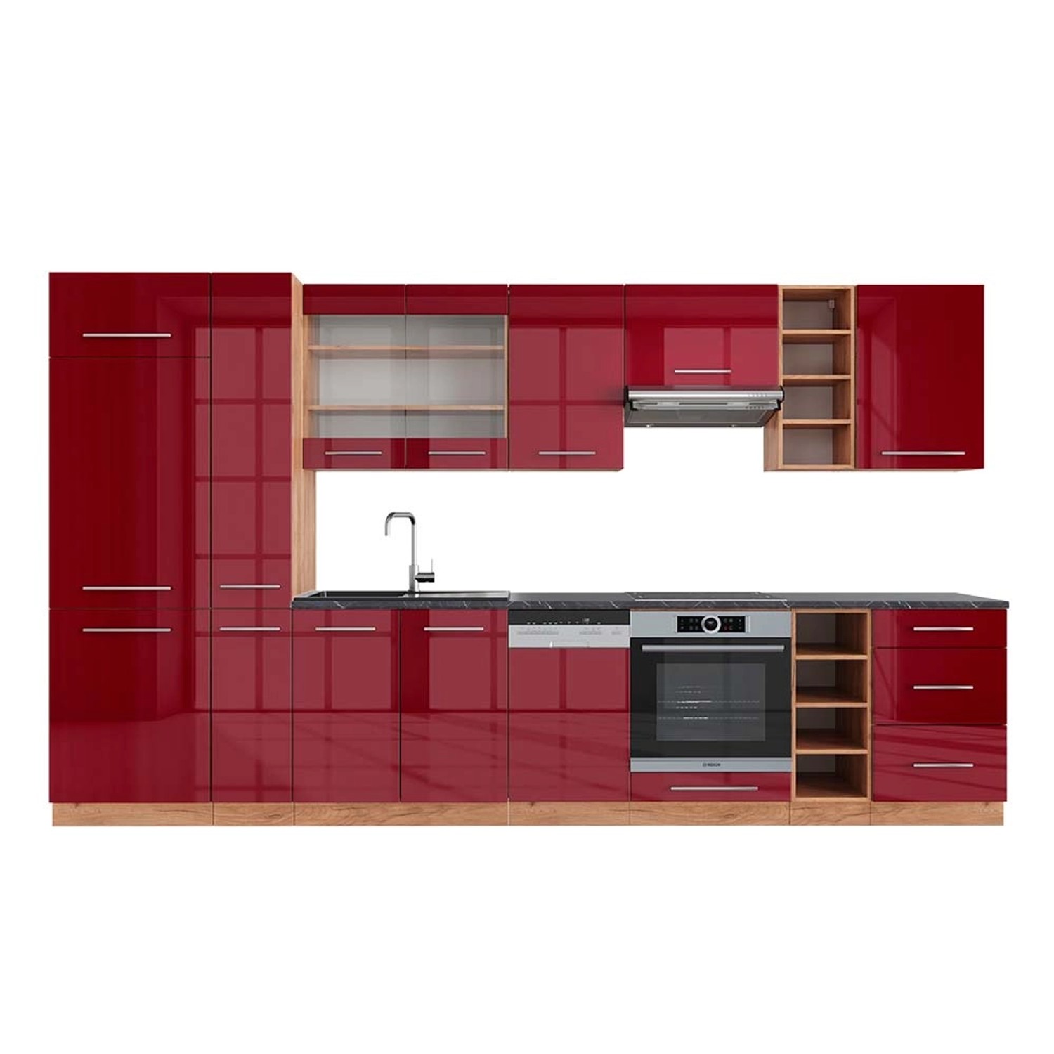 Vicco Fame-Line Küchenzeile Bordeaux Hochglanz/Goldkraft Eiche 355 cm AP An günstig online kaufen