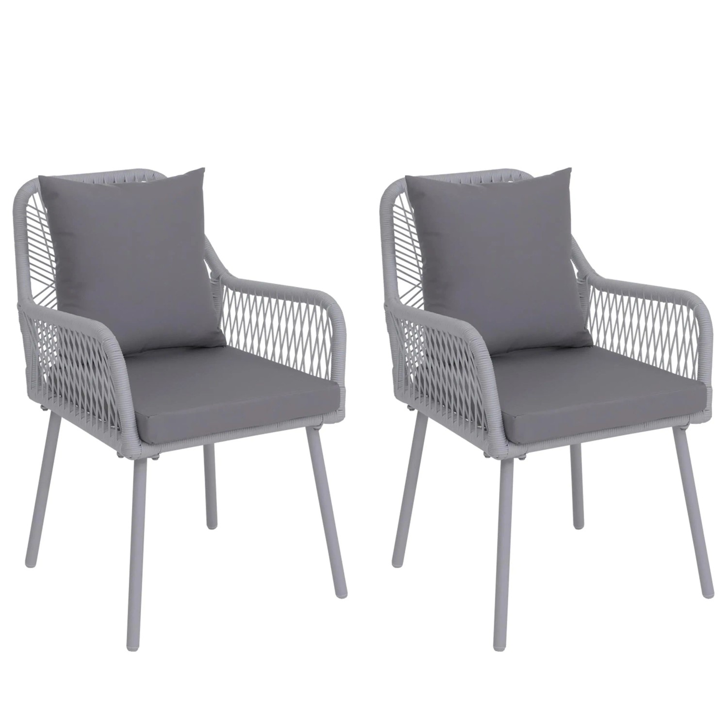 PROREGAL 2er-Set Gartenstuhl HxBxT 81x54x62cm Outdoor Sitz-/Rückenpolster Aluminium Seilgeflecht Rope Hellgrau Bezug Hellgrau