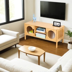 Relaxdays TV Lowboard Holzwerkstoff Bambus Acrylglas Natur mit 2 Türen 103 cm x 40 cm x 48 cm 14,7 kg
