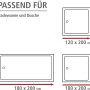 Skizze: Duschvorhang Größen für Dusche und Badewanne, 180x200 & 120x200 cm.