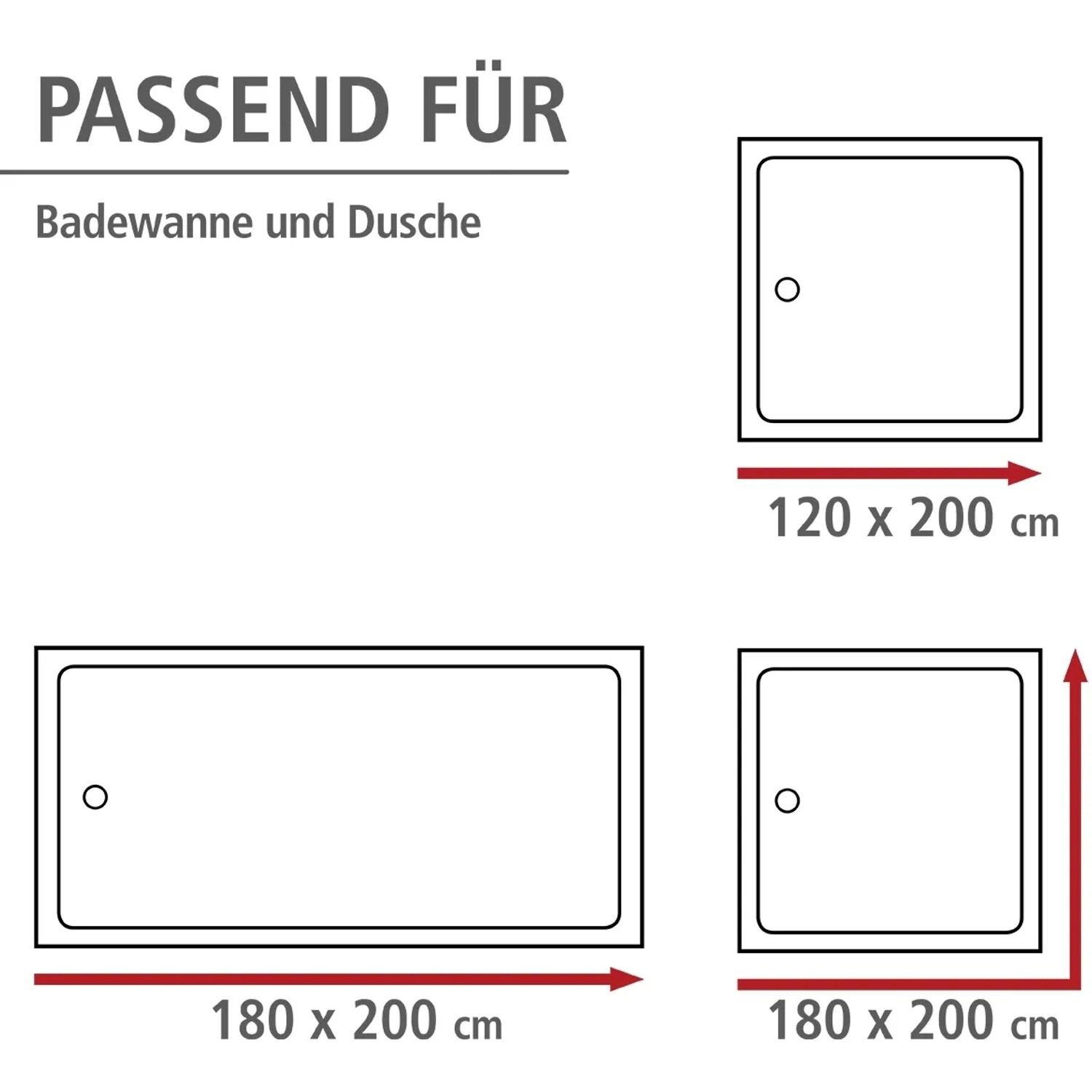 Skizze: Duschvorhang Größen für Dusche und Badewanne, 180x200 & 120x200 cm.