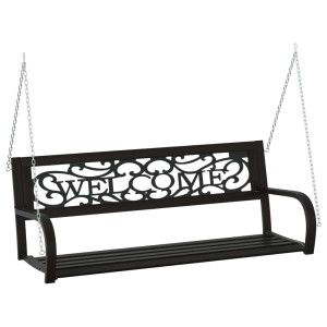 Schwarze vidaXL Hollywoodschaukel aus Stahl mit Welcome-Rückenlehne und Ketten.