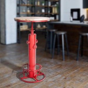 Roter höhenverstellbarer Stehtisch Ruhr aus Metall mit runder Kiefernholzplatte im Industrial Style.