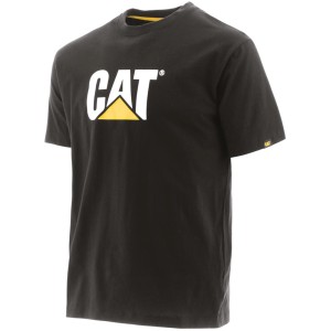 Schwarzes Cat T-Shirt Trademark XXL für Arbeitskleidung mit großem, gelb-weißem Logo.