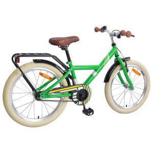 Grünes vidaXL Kinderfahrrad 24 Zoll mit Stahlrahmen, beigen Reifen, braunem Sattel, Lenker und Gepäckträger.