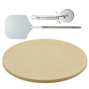 Barbecue Pizza-Set, 3-teilig: Pizzastein, Pizzaschieber und Pizzaschneider.