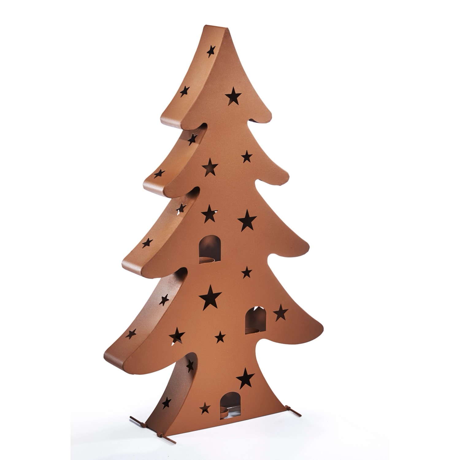 Kobolo Weihnachtsbaum aus Metall in Rostoptik mit Sternen und Teelichthaltern als Weihnachtsdekoration.