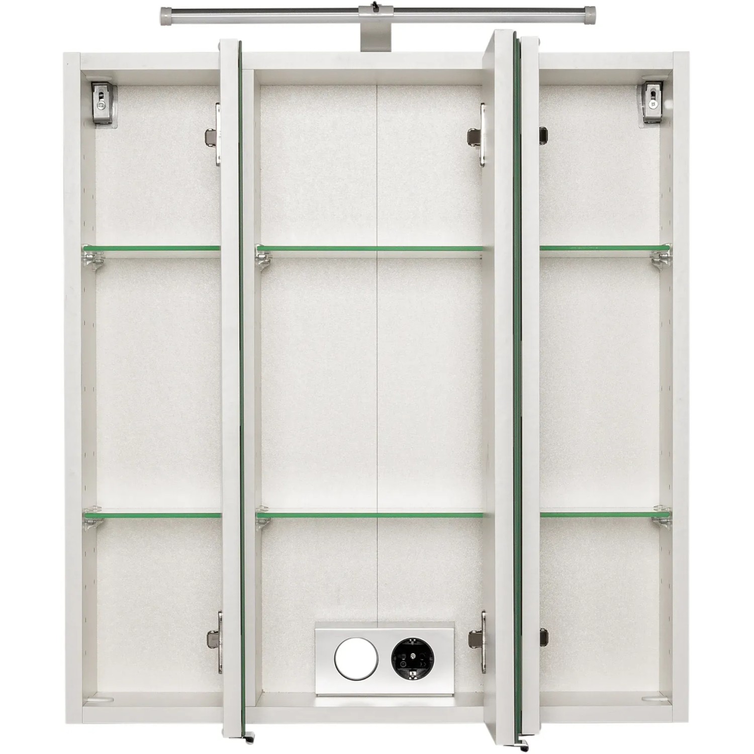 Offener, weißer Held Möbel 3D-Spiegelschrank Molina 60 cm mit Glasböden und Aufsatzleuchte.