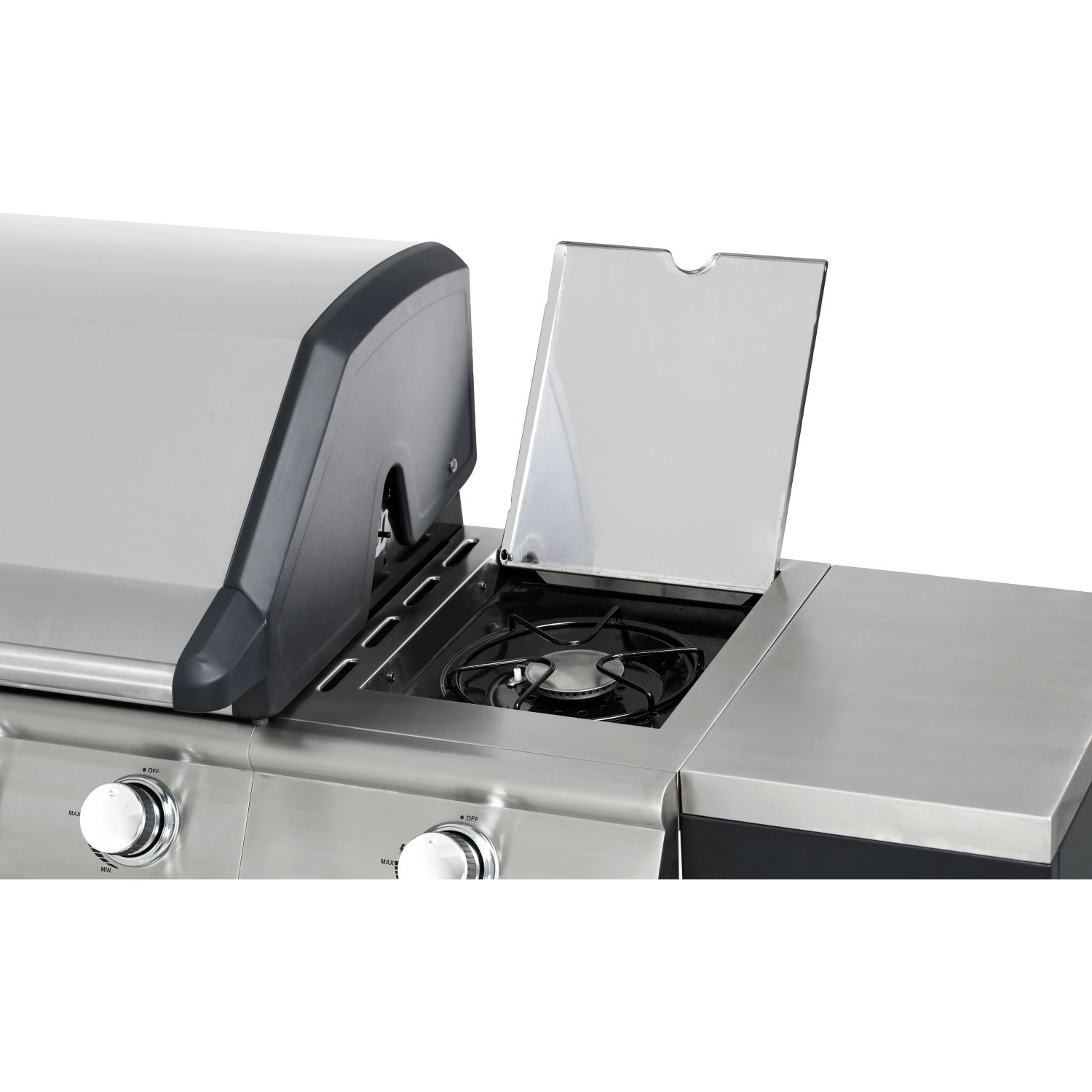 Detailansicht der Outdoor-Küche mit Gasgrill in Schwarz-Edelstahl, Fokus auf Seitenbrenner.