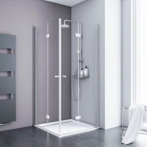 Schulte Alexa Style 2.0 Eckduschkabine aus klarem ESG-Sicherheitsglas mit Drehfalttüren und Alu-Profilen in modernem Bad.