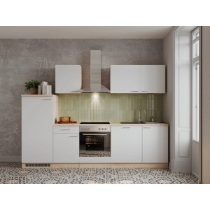 Moderne Respekta Küchenzeile 280 cm in Weiß mit Eiche-Natura Arbeitsplatte, Backofen, Kochfeld, Dunstabzug, Spüle, Kühlschrank.