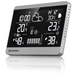 Bresser Funk-Wetterstation ClimateTemp NDH-NEO in Silber-Schwarz mit Displayanzeige.