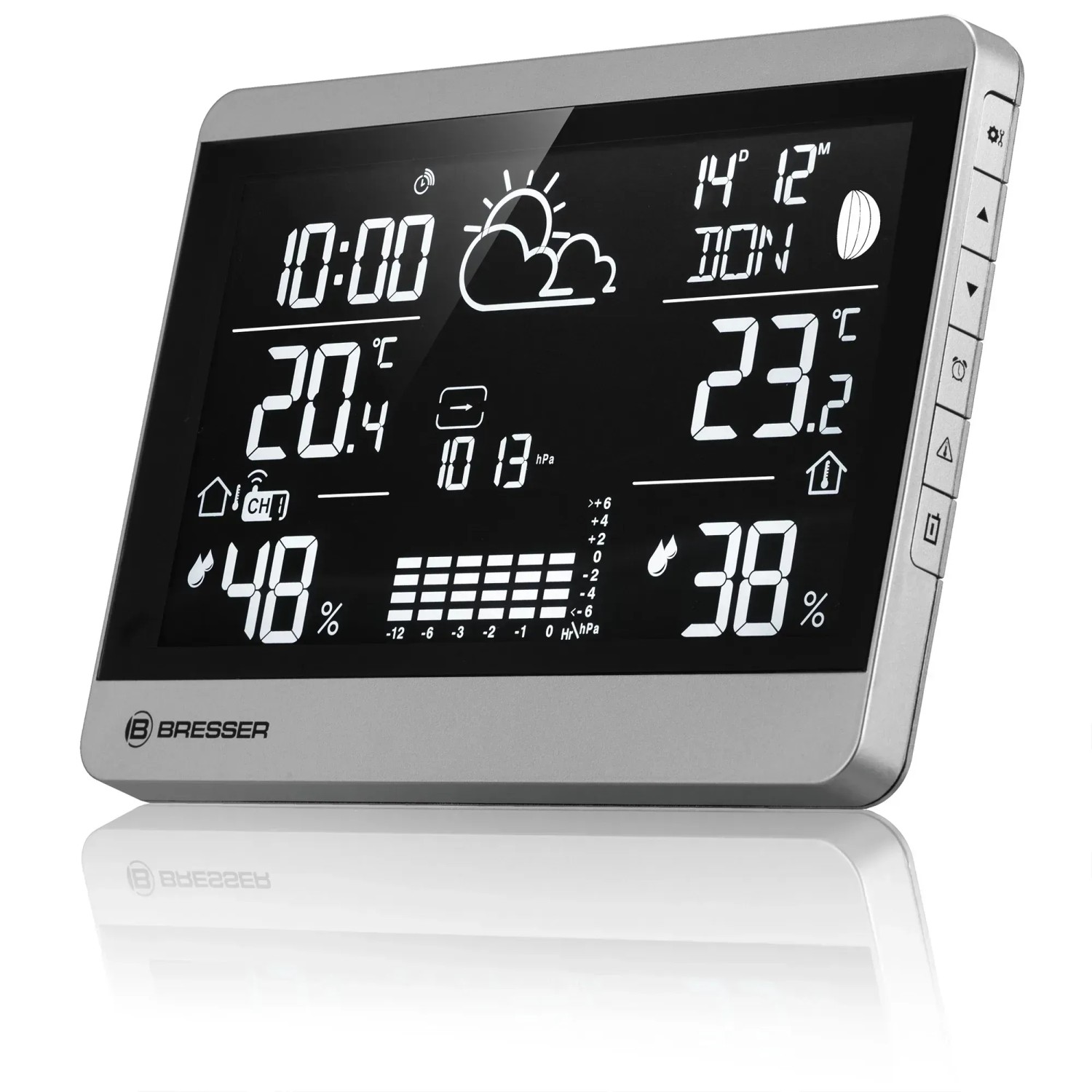 Bresser Funk-Wetterstation ClimateTemp NDH-NEO in Silber-Schwarz mit Displayanzeige.