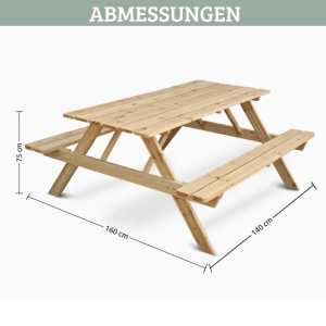 DELUKE Outdoor Picknicktisch KLEIS 140cm Massives Tannenholz Faltbare Sitze Picknickbank Sitzgruppe Aussen Bank Sitzbank Gartenbank