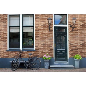 Elabrick Verblender Twente, rot-braun-weiß, 210x50 mm, Fassade mit Tür und Fahrrad