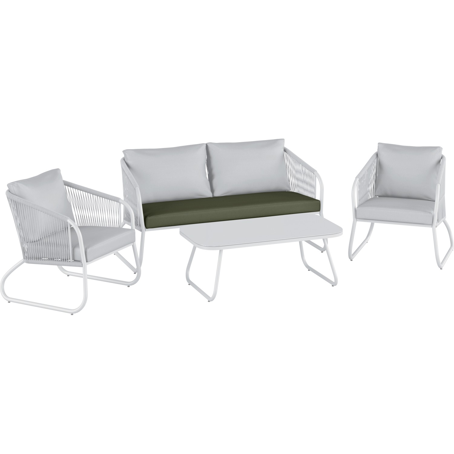 Loungemöbel-Set Scafford mit olivgrünem Sitzkissen. Gartenmöbel für Terrasse und Garten.
