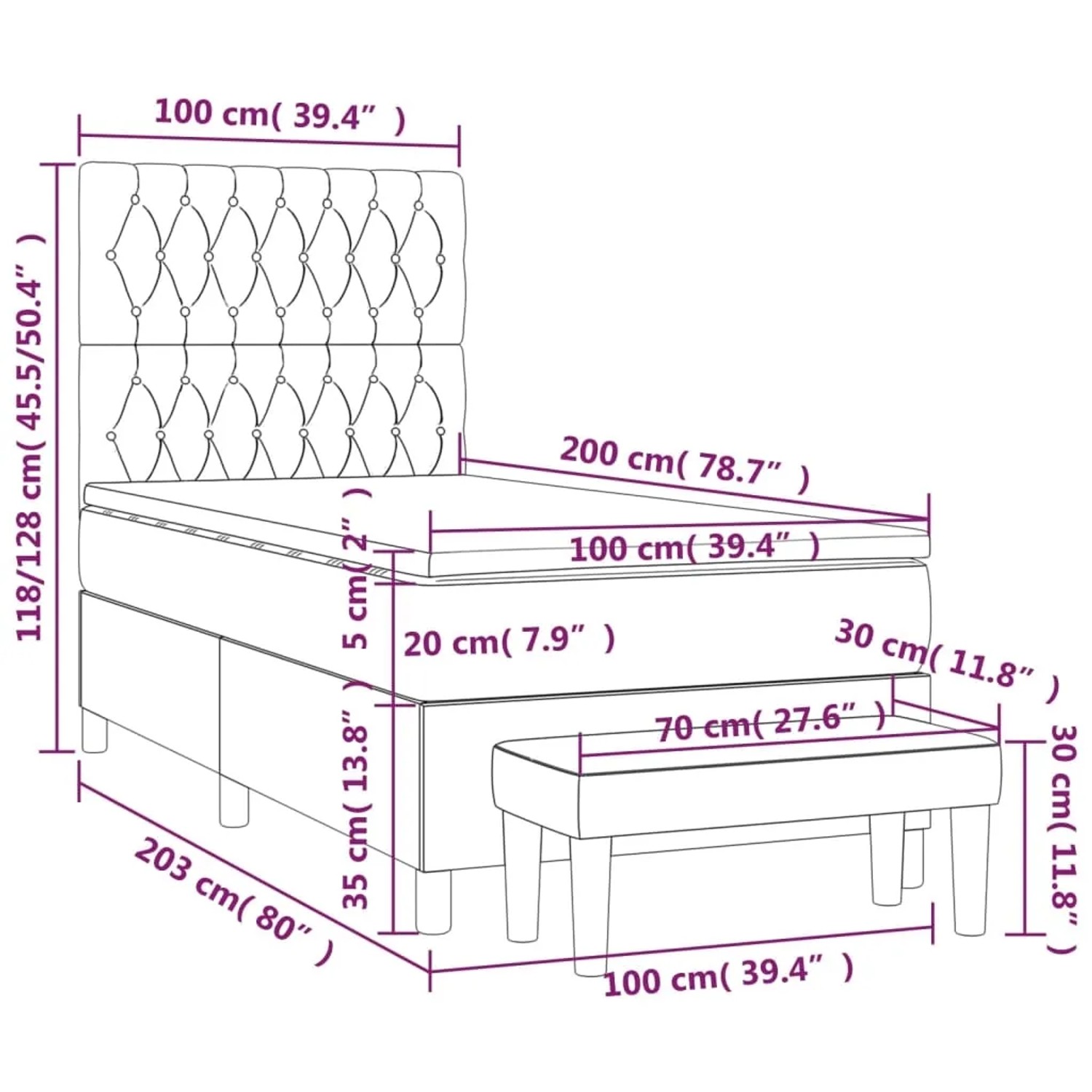 vidaXL Boxspringbett dunkelbraun (100x200 cm) mit Matratze und Bank, Maßeinteilung.