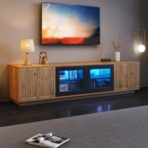 okwish TV Schrank mit LED Glas Stauraum Wohnzimmer 180x40x45cm Natur Schwarz