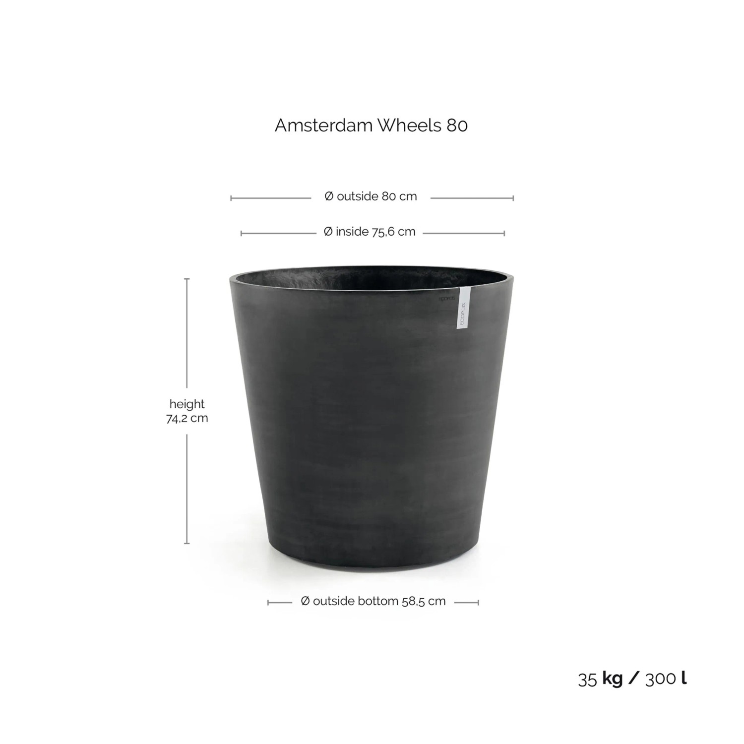 Dunkelgrauer Ecopots Pflanztopf Amsterdam mit Rollen, 80x75cm. Ideal für große Pflanzen, für Innen- und Außenbereiche.