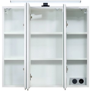 Offener Pelipal Spiegelschrank Quickset 360, weiße, glänzende Oberfläche, 75 cm breit, mit Einlegeböden und Beleuchtung.