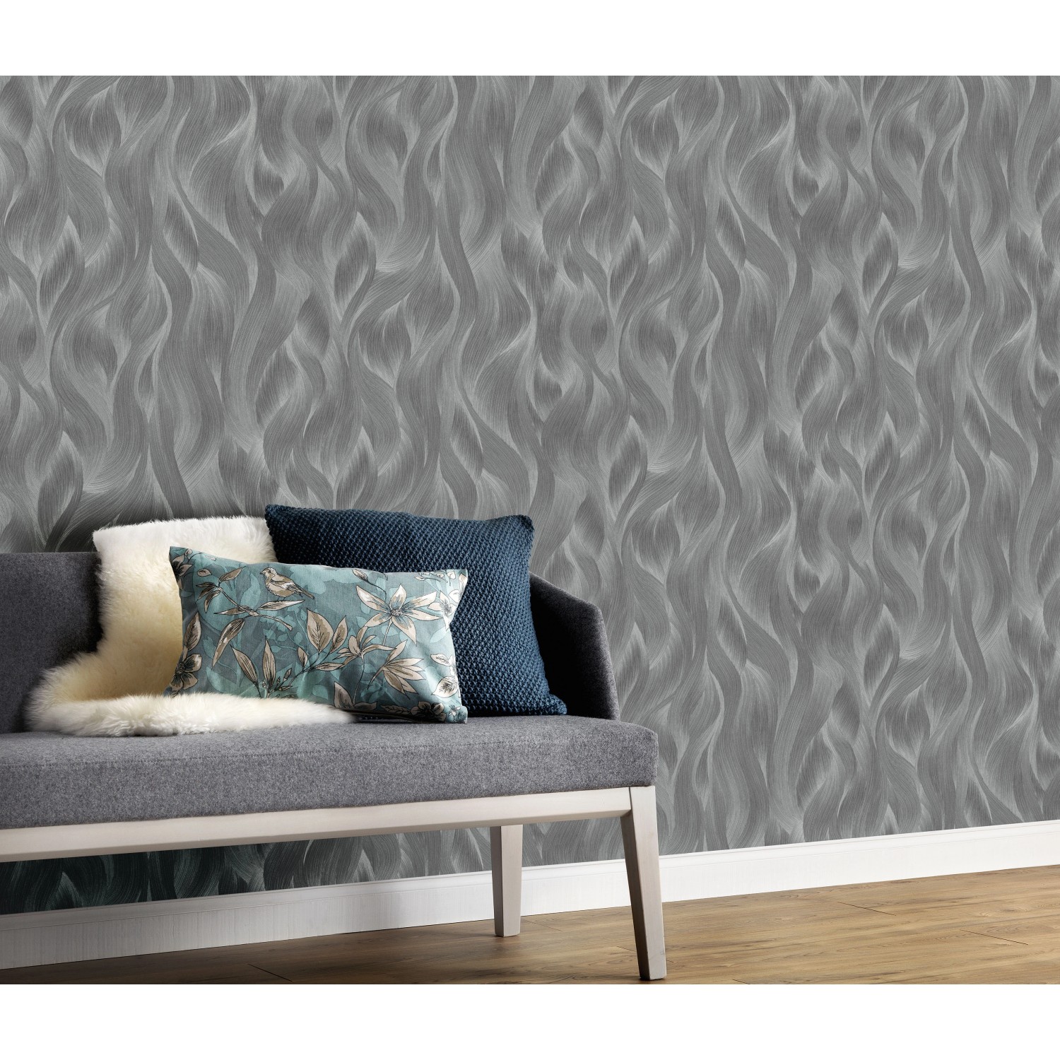 Erismann Vliestapete Elle Decoration mit Wellenmuster in Anthrazit. Dekorative Tapete für Wohnräume.