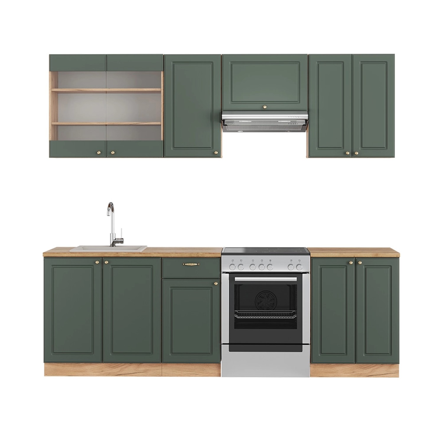 Vicco Fame-Line Küchenschränke Grün-Gold Landhaus/Goldkraft Eiche 240 cm AP günstig online kaufen