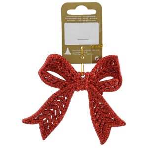 Rote Glitzer-Schleife als Weihnachtsbaumschmuck mit goldener Aufhängung.