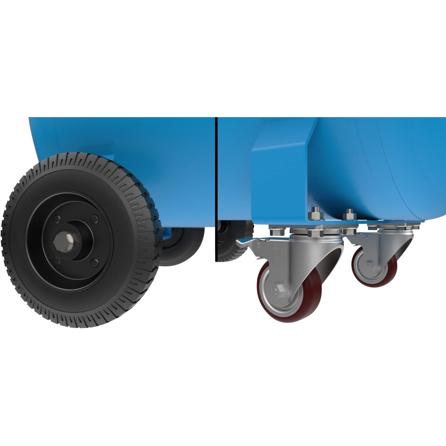 Detailaufnahme Räder des Güde Kompressor Airpower 375/8/100. Mobiler Kompressor mit Lenkrollen und Transporträdern.