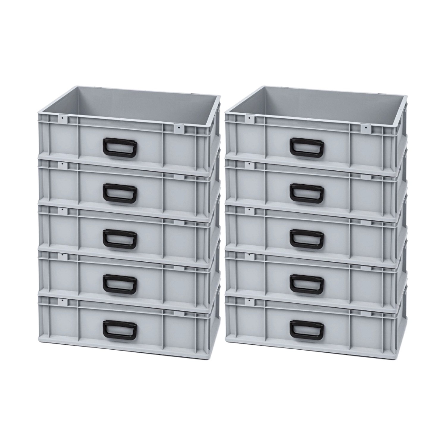 Graue PROREGAL Euroboxen (40x60 cm) gestapelt. Robuste Transport- und Stapelbehälter für Industrie und Gewerbe.