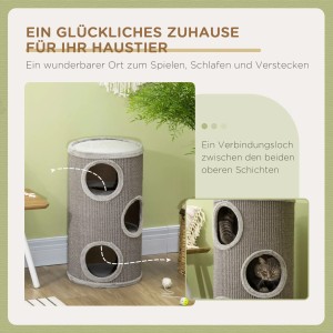 PawHut Kratzturm, 70 cm hoch, mit 3 Höhlen. Kratztonne in Grau mit Sisal-Kratzfläche und runden Eingängen.