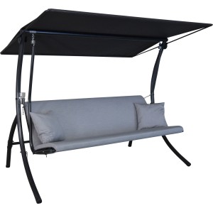 Angerer Hollywoodschaukel Motion Zip Granit, 3-Sitzer mit Sonnendach und grauen Kissen.