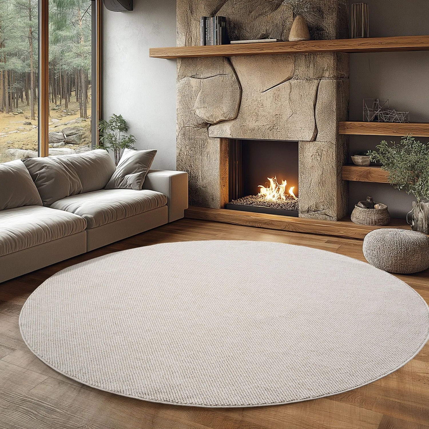 Runder, creme-farbener Ayyildiz Flachgewebeteppich Helix (Ø 80 cm) im Wohnzimmer.